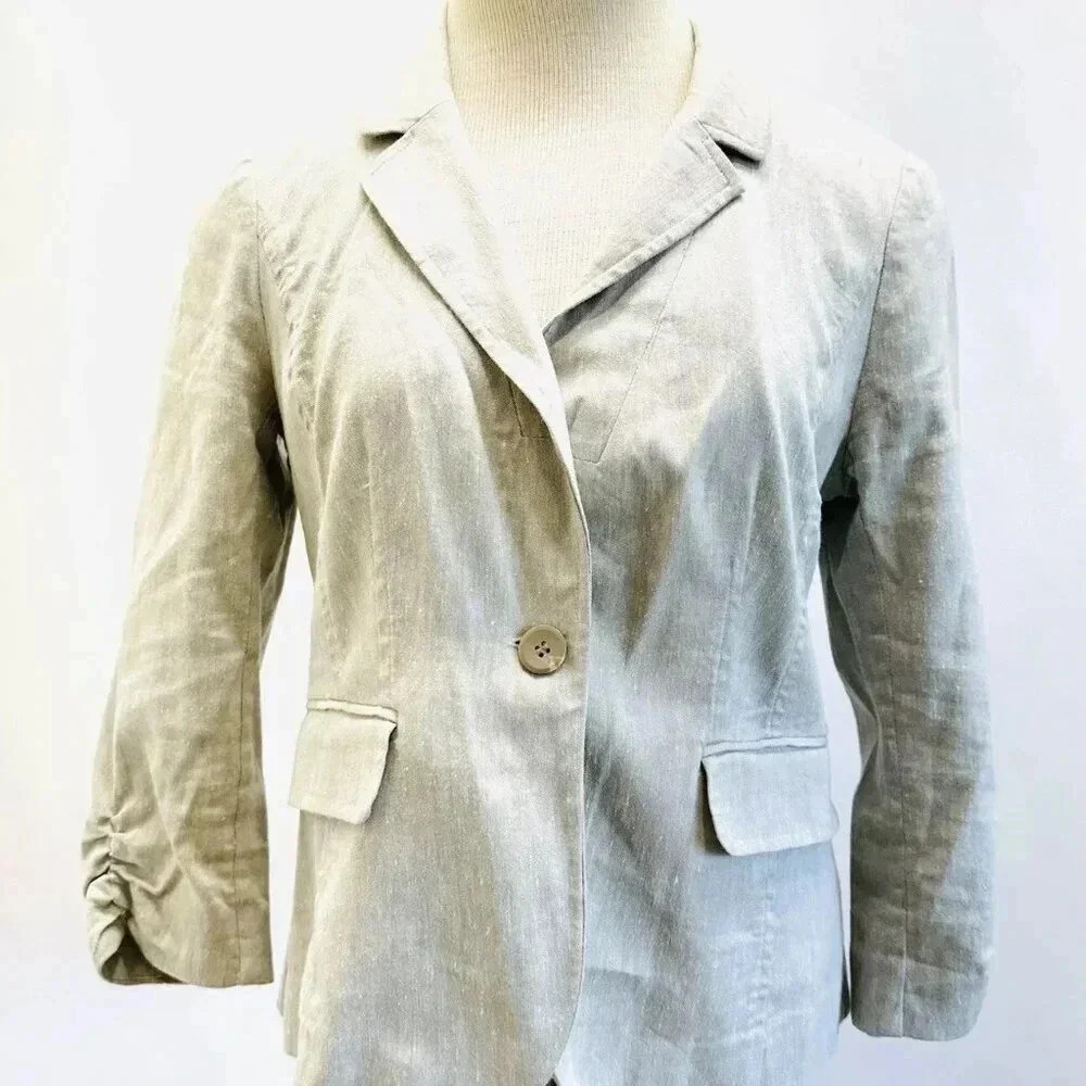 HALOGEN Women Long Sleeve One-Button Collared Pocket Tan Career Jacket Sz Small